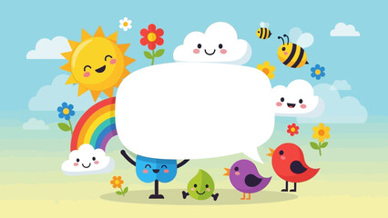 Fototapeta premium Cheerful nature scene illustration with happy sun, rainbow, clouds, and friendly animals encircling a blank speech bubble, ideal for your custom text