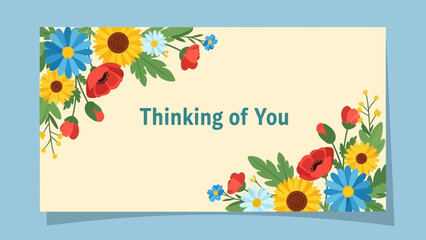 Thinking of You Floral Greeting with Poppies, Sunflowers, and Daisies on a Cream Background