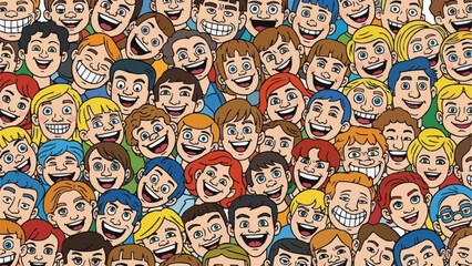A large crowd of diverse cartoon people laughing together joyfully.