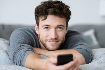 Young man with curly hair, wearing a gray sweater, is relaxing on a couch while holding a remote control, enjoying leisure time in a cozy living room environment