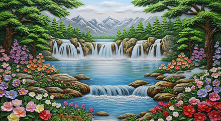 Mountain Lake with Waterfalls and Multicolor Flowers, 3D Relief Nature Wallpaper
