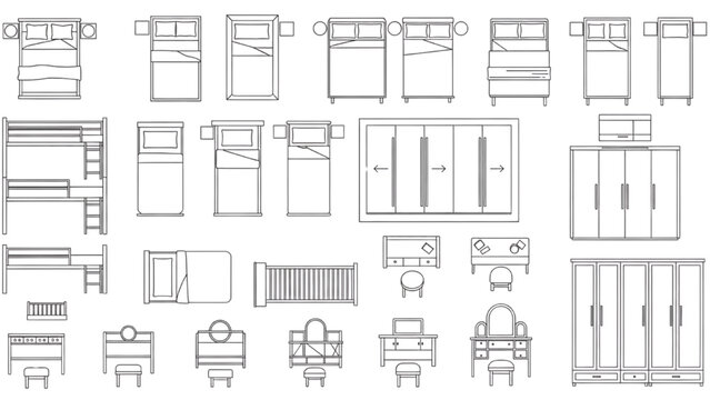 Architectural Top View Bedroom Furniture Plan Symbols: Beds, Wardrobes, and Tables Icon Set