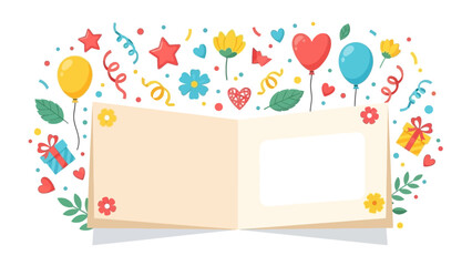 Open scrapbook album with festive decorations for a birthday or holiday celebration. Vector greeting card template with copy space