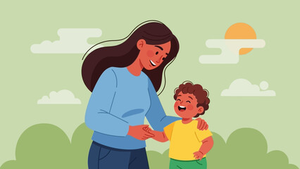 Mother and child embracing, a heartwarming scene of maternal love and joy in nature