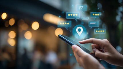 Person holding smartphone with digital review icons and location pin hands stars