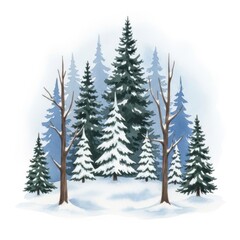 Obraz premium Watercolor Winter Forest Scene: Evergreen Trees and Snow-covered Landscape Illustration