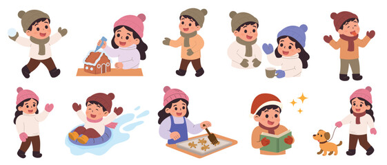 Cute winter cartoon children enjoying seasonal activities such as snow play, baking, sledding, warm drinks, reading, and festive outdoor fun