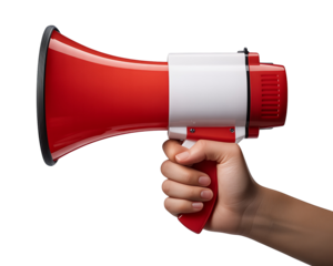 Hand holding a red and white megaphone Isolated on transparent background, png for announcements and public address systems