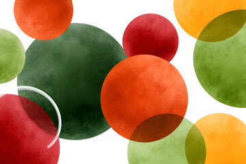 Abstract watercolor illustration featuring vibrant circles in red, green, and orange hues, creating a dynamic composition with soft textures and a playful atmosphere for creative projects