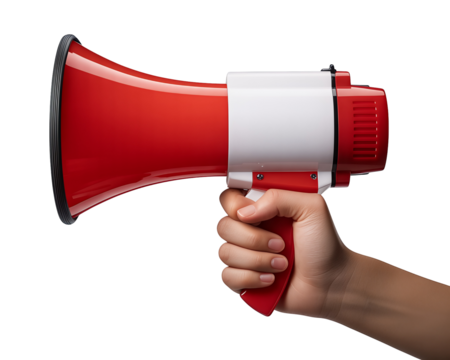 Hand holding a red and white megaphone Isolated on transparent background, png for announcements and public address systems - Powered by Adobe