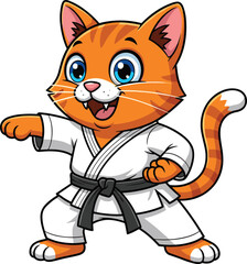 Cartoon martial arts cat in karate uniform with black belt, cheerful pose, white background, kids character for educational content
