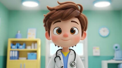 Cartoon doctor in a white coat with a stethoscope standing in a medical office setting looking forward