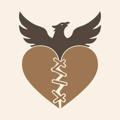 Broken Heart with Phoenix Symbol Illustration Representing Healing, Strength and Rebirth; Brown Minimal Graphic Icon for Emotional Art, Motivational Designs, Stickers, Apparel Prints and Symbolic Artw