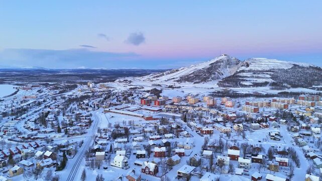 Aerial view of Kiruna cityscape and mountains, Sweden.