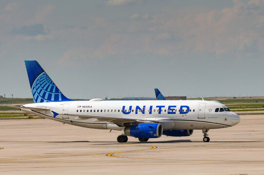 Denver, Colorado, USA - 4 June 2025: Airbus A319 (registration N849UA) operated by United Airlines taxiing to the terminal after landing at Denver