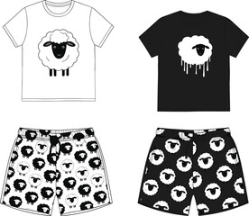 Cartoon sheep motif on casual t-shirts and shorts, playful fashion design for kids, sleepwear, streetwear, and vector apparel mockups