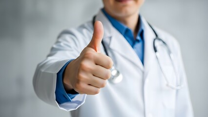 A doctor in a white coat giving a thumbs up with a stethoscope around their neck in a neutral setting
