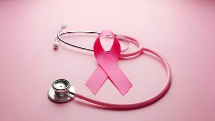 A pink ribbon and a stethoscope on a pink background symbolizing breast cancer awareness month theme