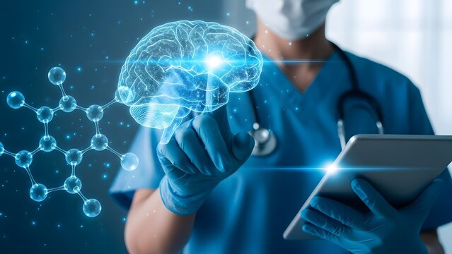 Doctor in scrubs interacting with a digital brain and molecule structure on a tablet screen