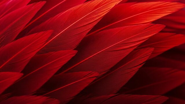 Close up of vibrant red feathers arranged in a soft, textured pattern. Natural bird plumage banner template for luxury, beauty, or artistic  Christmas or New Year concept.