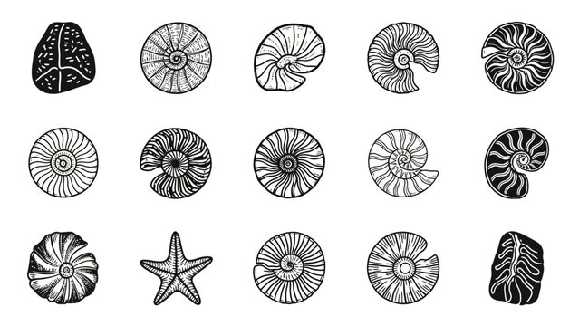 Detailed black and white vector drawing showcases fifteen assorted seashells and sea stones on a