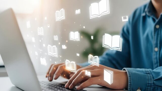 Learning through a computer in a bright room with floating book images