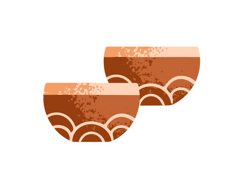 Icon of two piyalas. Ceramic bowls for drinking tea. Cups for matcha and Chinese herbal beverages. Pottery Asian mugs, teacups to brew herbs. Flat isolated vector illustration on white background.