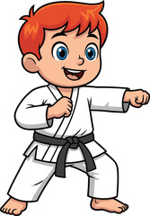 Cheerful red-haired child in martial arts pose wearing white gi and black belt practicing karate punch with confident expression