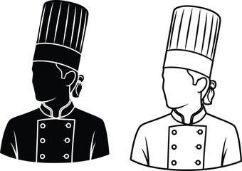 Chef silhouette and outline illustration in traditional uniform with hat, neckerchief, buttons &mdash; black and white graphic style