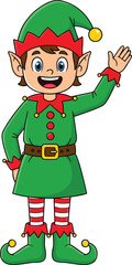 Cheerful Christmas elf cartoon character in festive green costume with striped leggings, waving happily, perfect for holiday decoration themes.