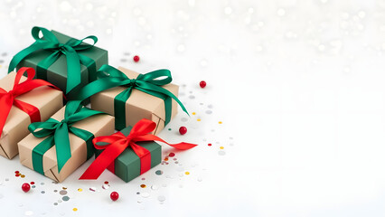 A festive arrangement of christmas gift boxes with red and green ribbons isolated on white background