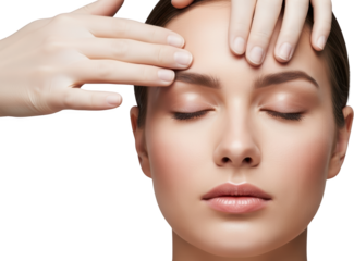 Gentle hands massaging a woman's forehead eyes closed with soft lighting massage spa beauty wellness transparent background