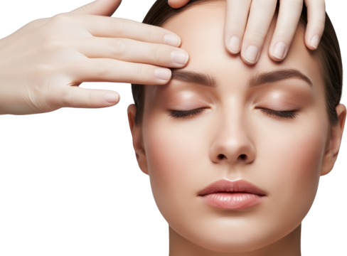 Gentle hands massaging a woman's forehead eyes closed with soft lighting massage spa beauty wellness transparent background