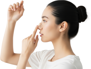 Young Asian woman applying nasal strip to nose isolated Female Care Beauty Skin Health Medical Hygiene