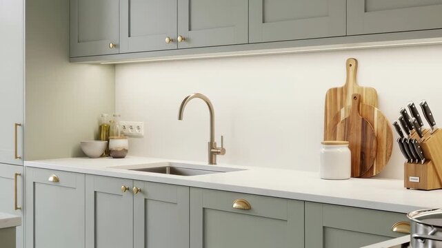 Modern kitchen setup with tools and appliances arranged in an organized manner for cooking and preparation tasks