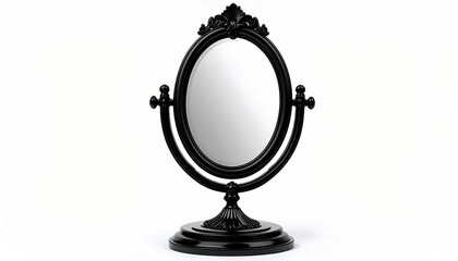 An ornate vintage-style oval mirror with black frame and intricate detailing, mounted on a curved-leg stand.