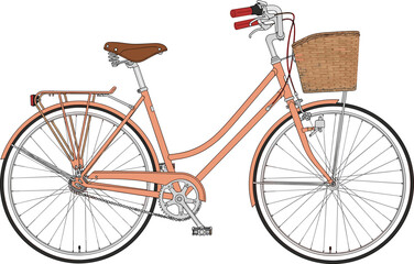 Classic peach bicycle with basket, spring saddle, rear rack, chain guard, stylish lifestyle transport illustration on white background for design use