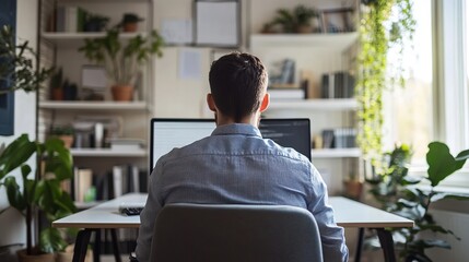 Focused programmer coding at his plant filled home office desk, creating innovative software solutions, remote work lifestyle, bright and modern workspace