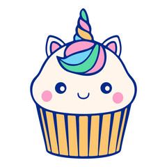 An illustration of a cupcake with a unicorn horn, ears and colorful hair on a white background