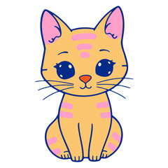 A cartoon tabby cat with pink stripes sitting upright and looking forward with big blue eyes and whiskers