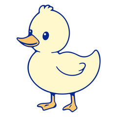 Illustration of a cartoon yellow duckling standing with a cute expression and a blue outline design