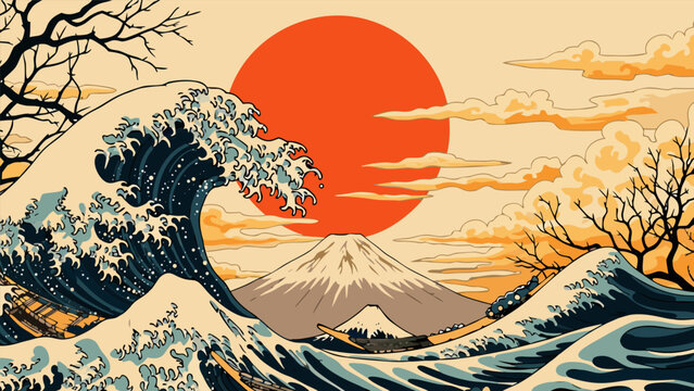 A classic Japanese Ukiyo-e art style illustration of a large wave and Mount Fuji with a rising sun in the background