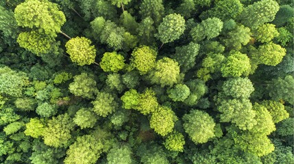 Naklejka premium arboreal. Aerial view of a lush green forest canopy under natural sunlight, radiating tranquility and beauty. travel magazines, destination branding, designed for outdoor magazines and nature guides.