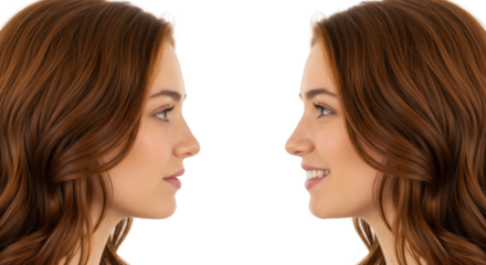 Two young women profiles facing each other one smiling auburn hair isolated with woman people female
