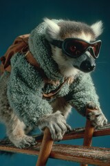 Naklejka premium A lemur in a ski suit and black glasses descends from a mountain. Against a solid colored background