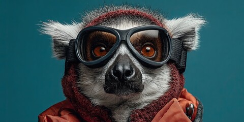 Naklejka premium A lemur in a ski suit and black glasses descends from a mountain. Against a solid colored background
