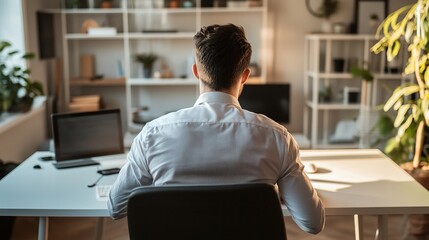 Man working at home office desk with laptop, finding focus and productivity in modern workspace, ideal for remote work or concentration