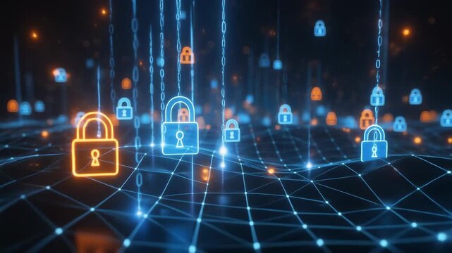 Digital network security abstract glowing padlock icons binary code data stream network connections technology concept