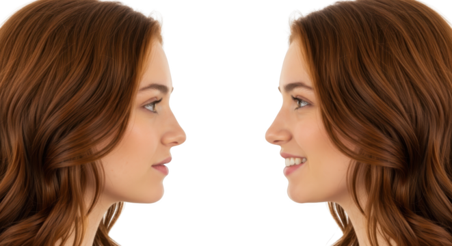 Two young women profiles facing each other one smiling auburn hair isolated with woman people female