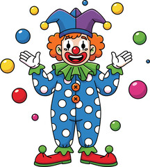 Colorful cartoon clown juggling balls in circus costume with jester hat, red nose, polka dots, and playful festive background.